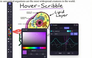 Annotating a science presentation in real time HoverScribble's toolbar sits on the left while the user labels a cell diagram, draws freehand highlights, and uses the built-in color picker to switch colors instantly.