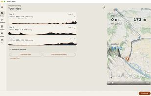 The rides that make up a trip, each with its own elevation profile, and the photos already placed along the route.