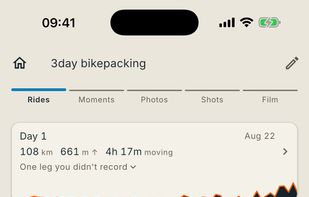 The same trip on a phone — each riding day with its distance, elevation gain and moving time.