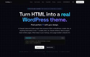 html2wp.dev — the converter's homepage, with the install command and six live converted sites, each with its WordPress admin open.