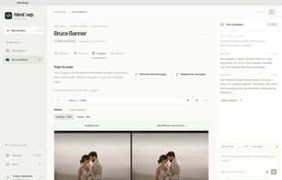 The desktop app compares each original page with its WordPress version, with the difference in percent.