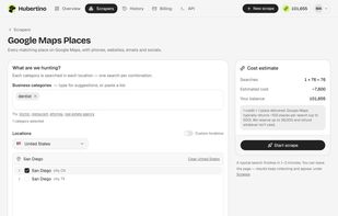 Scrape builder: pick business categories and an area, and see the credit estimate before you run.
