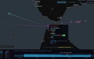 World replay: every listed ship at a chosen moment, with its recent track. Here, the Strait of Gibraltar, with one tanker's card open: its AIS name beside the names the UK, Australia, Canada and New Zealand list it under.
