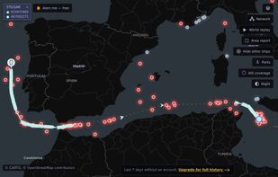 A listed tanker's track from Portugal through the Strait of Gibraltar. Amber stretches mark where she wasn't heard.