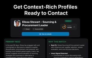 Each prospect includes an intent score, recent engagement history, primary needs, match reasoning, and a direct link to their LinkedIn profile. Instead of generic B2B leads, you get context-rich profiles that explain why this prospect now.