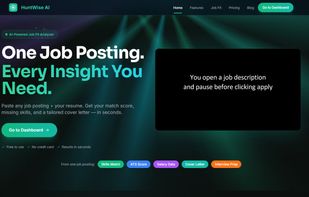HuntWise AI homepage — free AI resume matcher and job fit analyzer