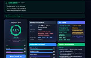 Job Fit Analysis showing match score, skills gaps, keyword matches, and personalized recommendations