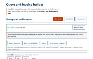 Every quote and invoice on one screen. Open it, make a PDF, copy it, or turn a quote into an invoice. Export all your data, or export for QuickBooks Online, from the same row of buttons.
