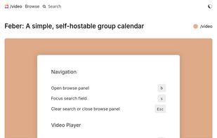 Above a video page there is a floating dialog with the headings "Navigation"
and "Video Player", each describing various keyboard shortcuts like for
instance "b: Open browse panel" or "s: Focus search field". In the footer of
the page there is a link titled "Shortcuts".