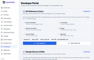 Developer Portal — interactive Swagger UI, REST API reference, Postman collection, and ready-to-run SDK demos for 6 platforms.