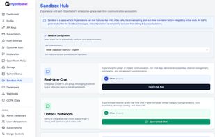 Sandbox Hub in the HyperBabel console — test chat, video calling, live streaming, and AI translation with no billing before writing any code.