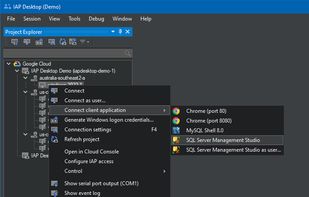 Project Explorer: right-click a VM to connect, generate Windows logon credentials or open a client application through IAP.