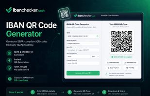 The QR generator turns an IBAN, beneficiary, amount and reference into an EPC069-12 payment QR, ready to download as PNG or SVG.