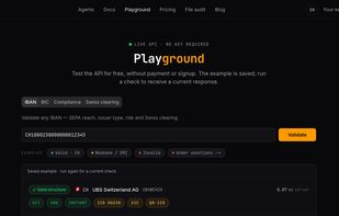 Public IBANforge Playground with a documented Swiss example, bank lookup and payment-rail indicators.