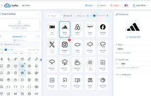 icofly workspace: browse 13,000+ icons from 8 open-source libraries or upload your own SVGs. Select icons, customize names and Unicode codes, then export a ready-to-use icon font package (TTF, WOFF, WOFF2 + CSS) in one click. A modern, free alternative to Fontello.