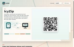 IcyZip start screen with a QR code for pairing another browser.