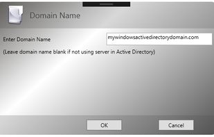 First dialog screen asks for domain name if using active directory