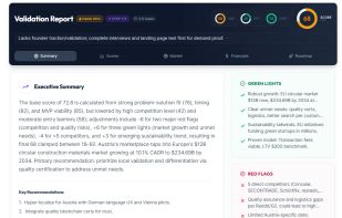 AI Business Idea Validation Engine
Advanced AI analyzes your startup idea across 50+ validation criteria including market demand, feasibility, and competition analysis.
Success score with confidence level
Detailed strengths & weaknesses
Actionable improvement suggestions
Risk assessment strategies