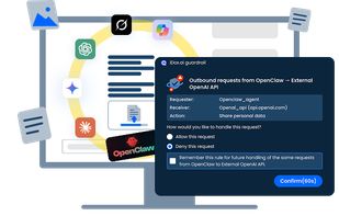 A security alert is triggered for an outbound request from an AI agent (OpenClaw) attempting to send data externally:

Requester: Openclaw_agent
Receiver: openai_gpi (api.openai.com)
Action: Share personal data

Guardrail flags this as sensitive and immediately prompts the user to take control.