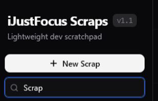The sidebar shows all scraps and supports fast title filtering as you type. Sorting order is controlled through user preferences in Settings.