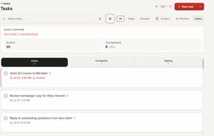 Task list with due dates, overdue flags, and filters for today, overdue, and archive. Also available as calendar, kanban flow, and progress views.