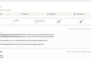Home dashboard: today's tasks, goals, habits at a glance, with an AI-generated daily brief that tells you what to focus on next.