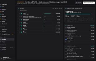 Storage map: what is filling your disk, with folders ranked by size, large files and old downloads.