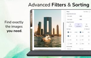 Use advanced filters and sorting to narrow images by file type, size, dimensions, orientation, and more.