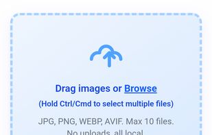 This screen shows the main interface of ImageReducerApp’s image resizer. Users can drag and drop images or browse to select files (JPG, PNG, WEBP, AVIF). Options let you set the output format (JPG), resize by width and height in pixels, and adjust the quality percentage. Privacy is highlighted: images are processed locally and never uploaded.