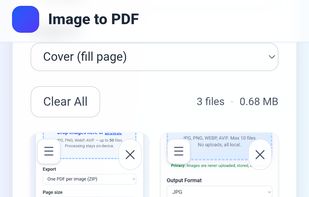 Here, the user has selected three images to combine using the Image to PDF tool. Each file displays basic info and a thumbnail. The interface offers image selection, arrangement, and a large “Convert to PDF” button to instantly process and merge the selected images into a downloadable PDF.