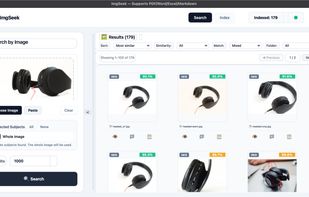 Search by example image: one reference photo of a pair of headphones returns other photos of the same headphones taken from different angles, in different light and with different crops.