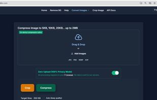 Main Compression Interface (Before Upload)-The main interface of ImgSmaller, where users can drag and drop images for compression. A toggle for "Zero-Upload (100% Privacy Mode)" ensures all processing happens on the user’s device. The user can set target file size, choose from JPG, PNG, WEBP, AVIF formats, and crop before compressing. Clean and minimal layout designed for speed and security.