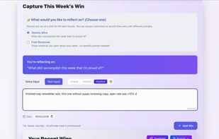 Capture a win by text or voice in 30 seconds, then choose Original, Polished, or Amplified AI enhancement.