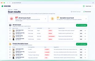 IMSCRIB scan results showing alt text issues and 37 product description issues ready to be fixed in one click