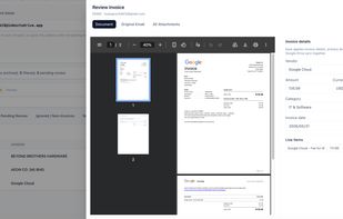 AI invoice processing dashboard with structured extraction of vendor details, tax, and amounts.
