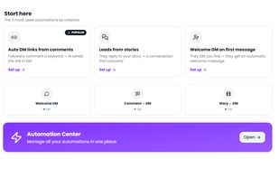 Automation dashboard with quick setup for Comments, Stories, and Welcome DMs


