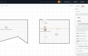 The floor plan. Two rooms drawn to scale - one with a non-rectangular outline - with a door swing, a fixed object and the cabinets placed in them. The selected cabinet shows its four setting-out distances to the walls.