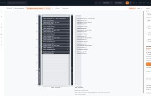 The rack elevation editor. A 45U cabinet with patch panels, switches and cable managers placed by rack unit, shown as front and side elevations, with live power and heat figures and the export options beside it.