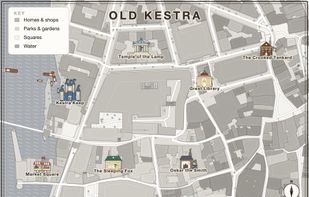 A town map drawn on a real street plan, with stamped buildings and a map key