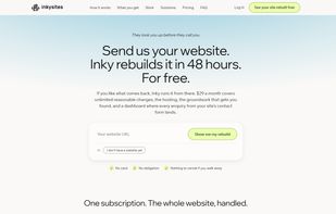 The InkySites homepage: paste your web address and the rebuilt site comes back within 48 hours, free.