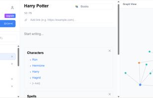Web Desktop View of Inline Note with connected notes, graph view and note editor.