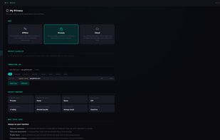 The My Privacy dashboard. Switch between Offline, Private, and Cloud modes and see every outbound connection.