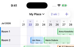 Occupancy board: rooms by nights, booking bars colored by status, today always in view.