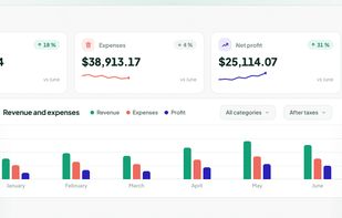 Dashboard: revenue, expenses, net profit and unpaid invoices, with the running billable timer and a paid invoice.