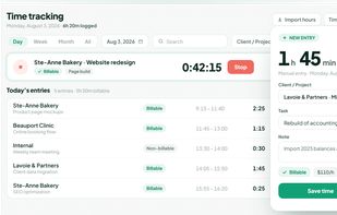 Billable time tracking by client, project and task.