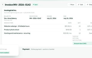 Invoicing: bilingual professional invoices with automatic GST and QST.