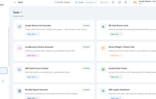InQik tools dashboard showing 8 included tools: Google Review Link Generator, QR Code Review Cards, LocalBusiness Schema Generator, Review Widget, GBP Audit and Score Checker, GeoGrid Rank Tracker, Monthly Report Generator, and GBP Insights Dashboard.