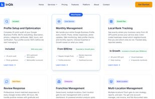 InQik services overview. Six core services: Profile Setup and Optimization (included free), Monthly Management (from $99/mo), Local Rank Tracking (Growth plan), Review Response, Franchise Management, and Multi-Location Management.