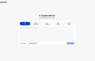 InstantMind AI-powered mind mapping tool homepage showing the main interface with "Create with AI" options. Users can input text, upload PDF documents, add webpages, YouTube videos, or images to automatically generate mind maps. Features advanced AI model selection and auto-detect functionality for seamless mind map creation from any content type.