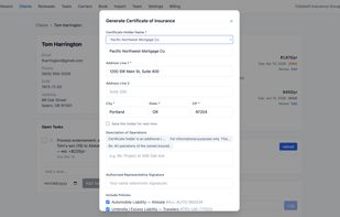 Generate professional Certificates of Liability Insurance with coverage details